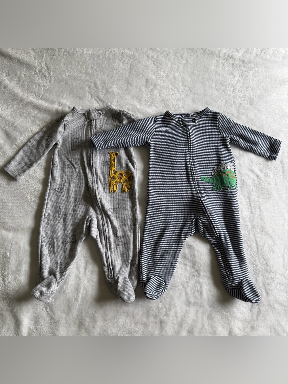 Carter's Gray Giraffe & Navy Striped Dinosaur Footed One-Pieces